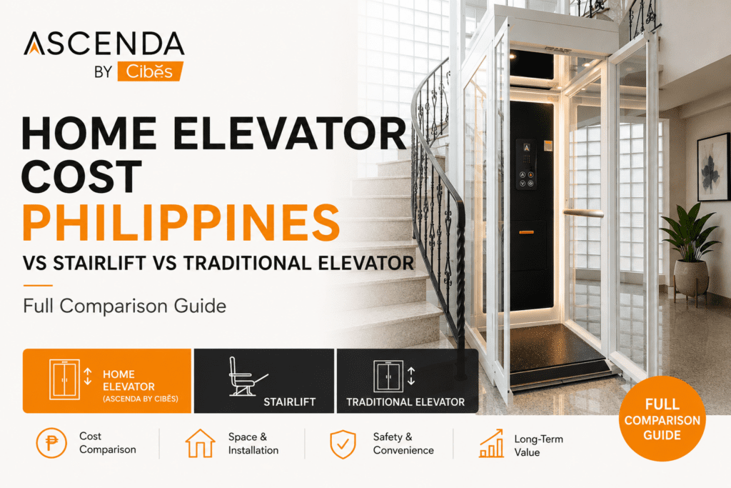 Ascenda featured image comparing home elevator costs in the Philippines with stairlifts and traditional elevators beside a modern staircase