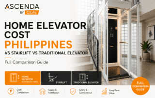 Ascenda featured image comparing home elevator costs in the Philippines with stairlifts and traditional elevators beside a modern staircase