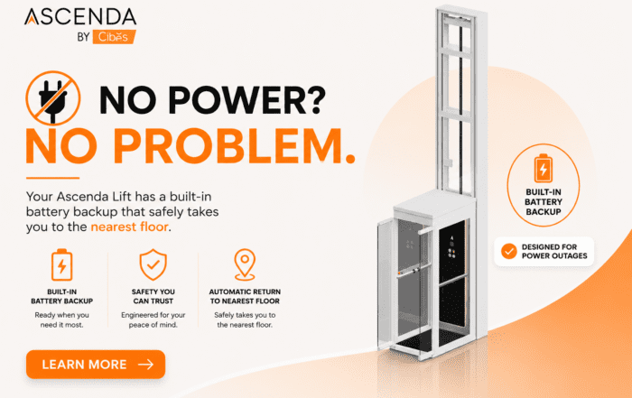 Home EN 7 Ascenda Lift by Cibes home lift with built-in battery backup, highlighting automatic return to the nearest floor during a power outage with the message "No Power? No Problem."